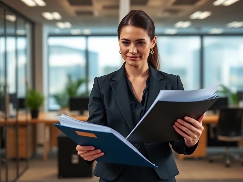 Company secretary professional reviewing corporate legal documents and compliance files for ROC filing